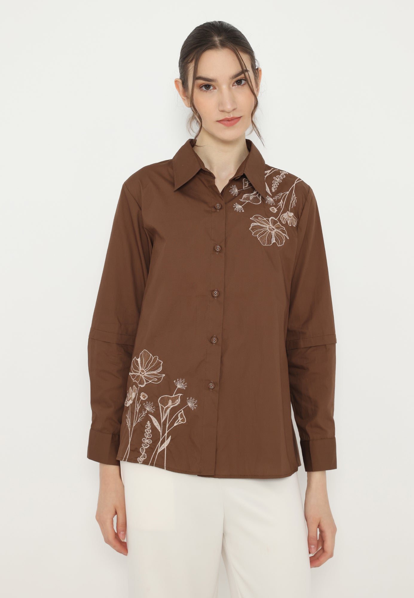 Julia Flower Embroidery Shirt | Brown
