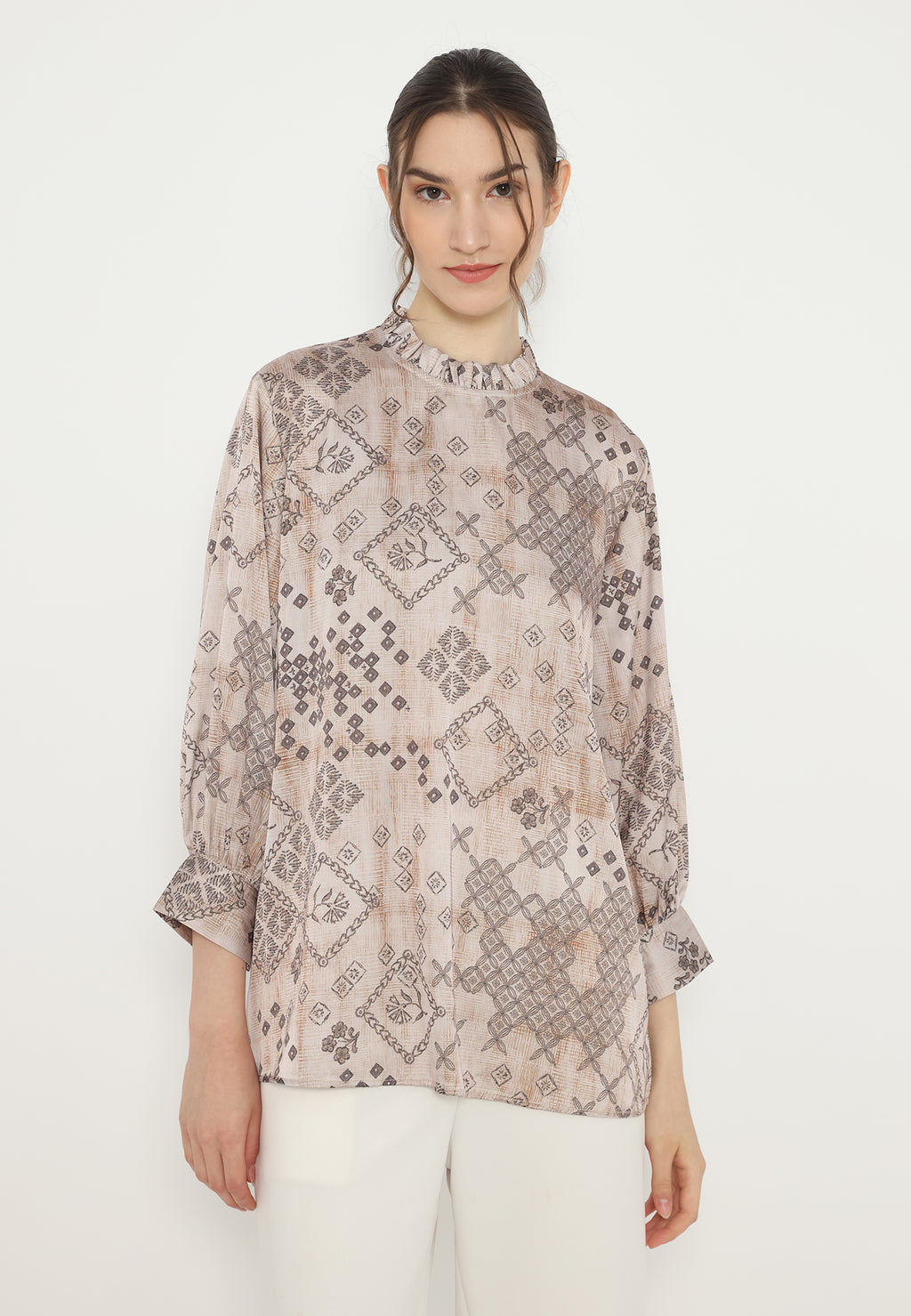 Ruffles Tops Printted Armany Silk Premium | Brown