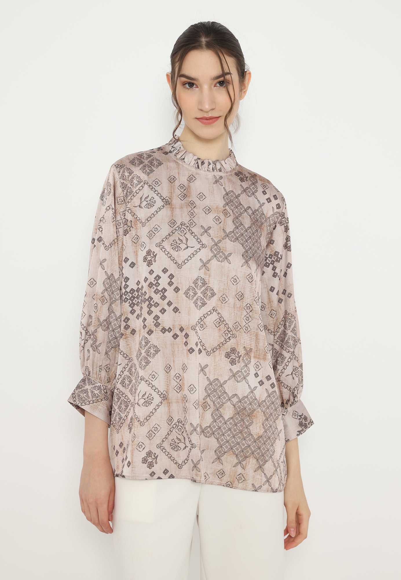 Ruffles Tops Printted Armany Silk Premium | Brown