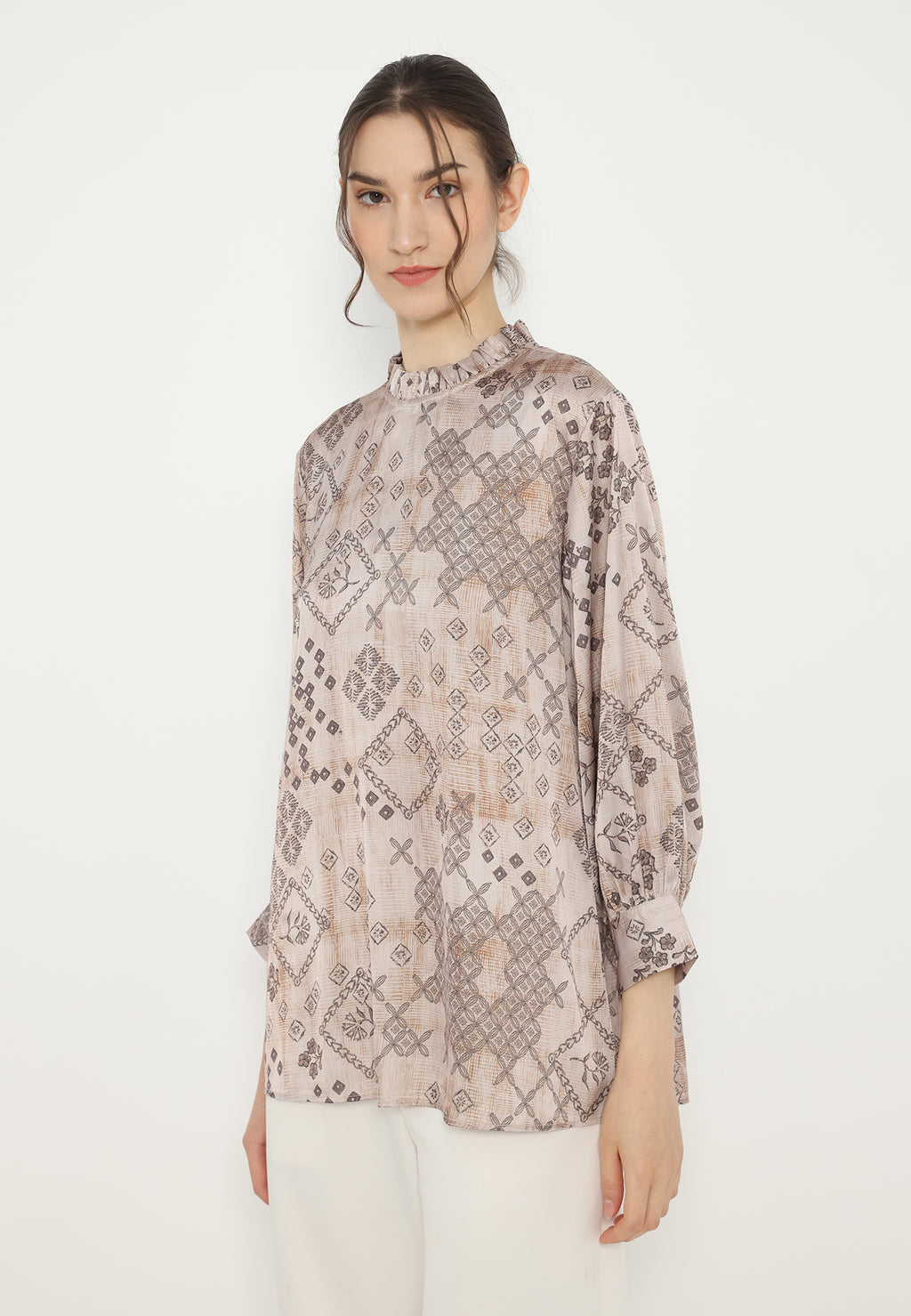 Ruffles Tops Printted Armany Silk Premium | Brown