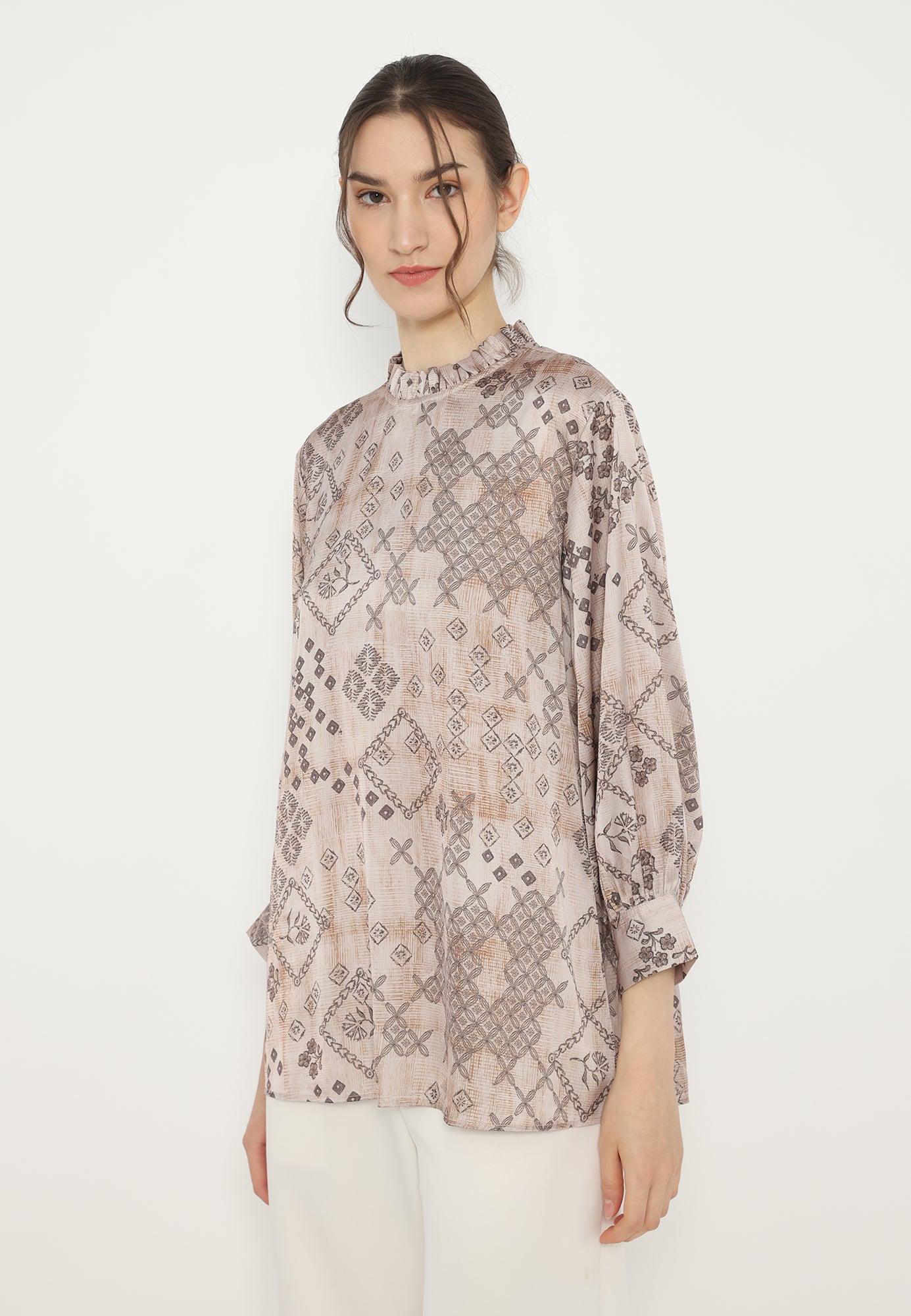 Ruffles Tops Printted Armany Silk Premium | Brown