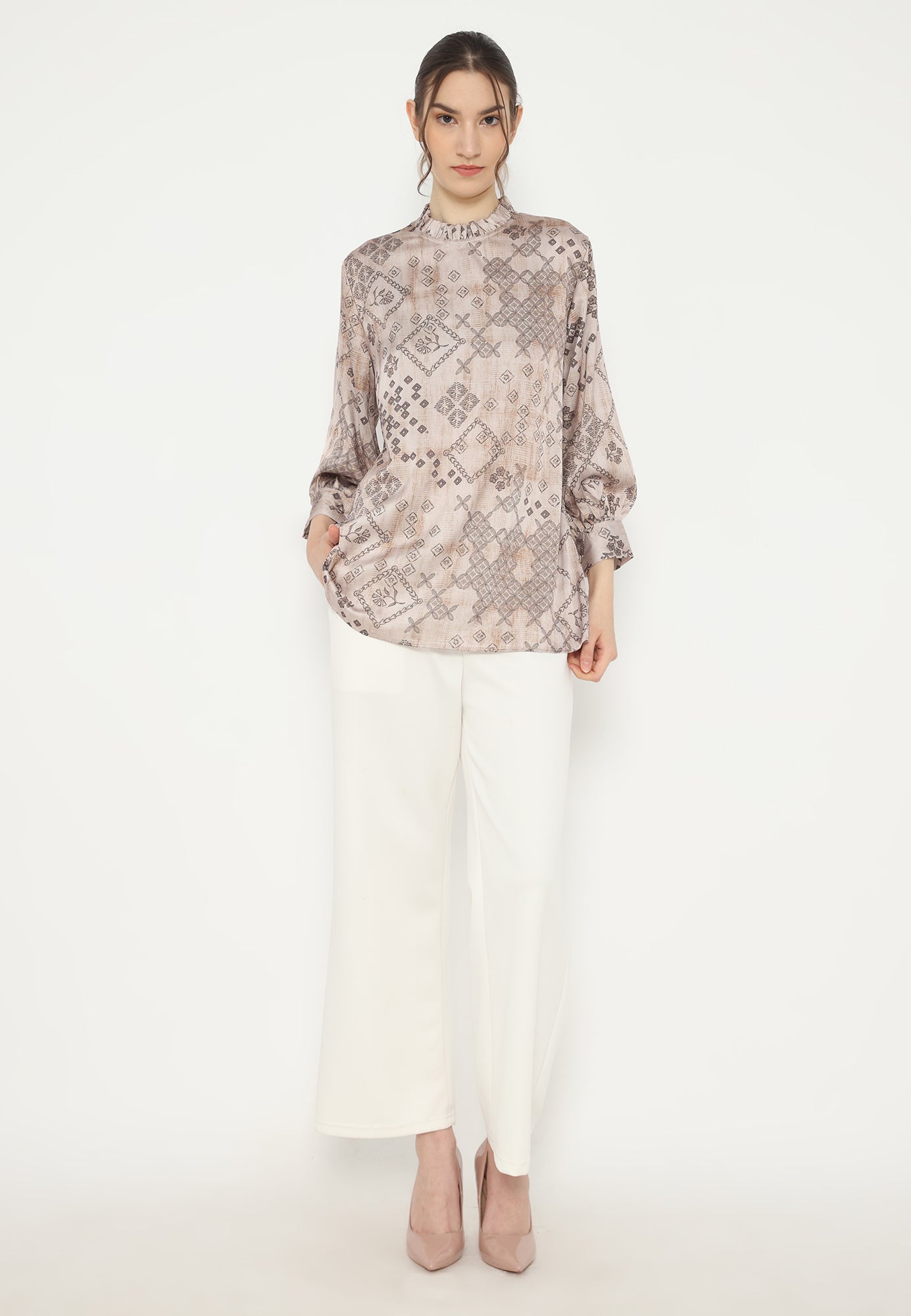 Ruffles Tops Printted Armany Silk Premium | Brown