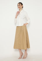 Laila Pleated Skirt with Gold Buttons | Brown