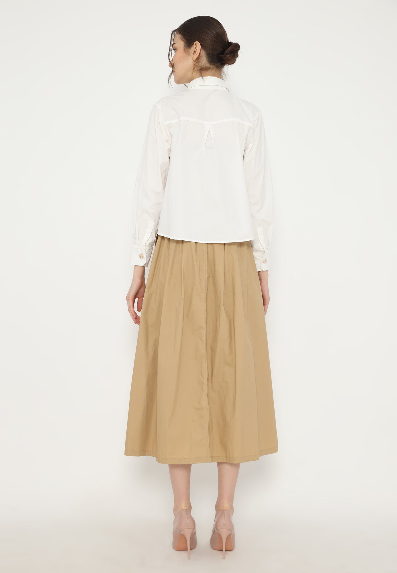 Laila Pleated Skirt with Gold Buttons | Brown