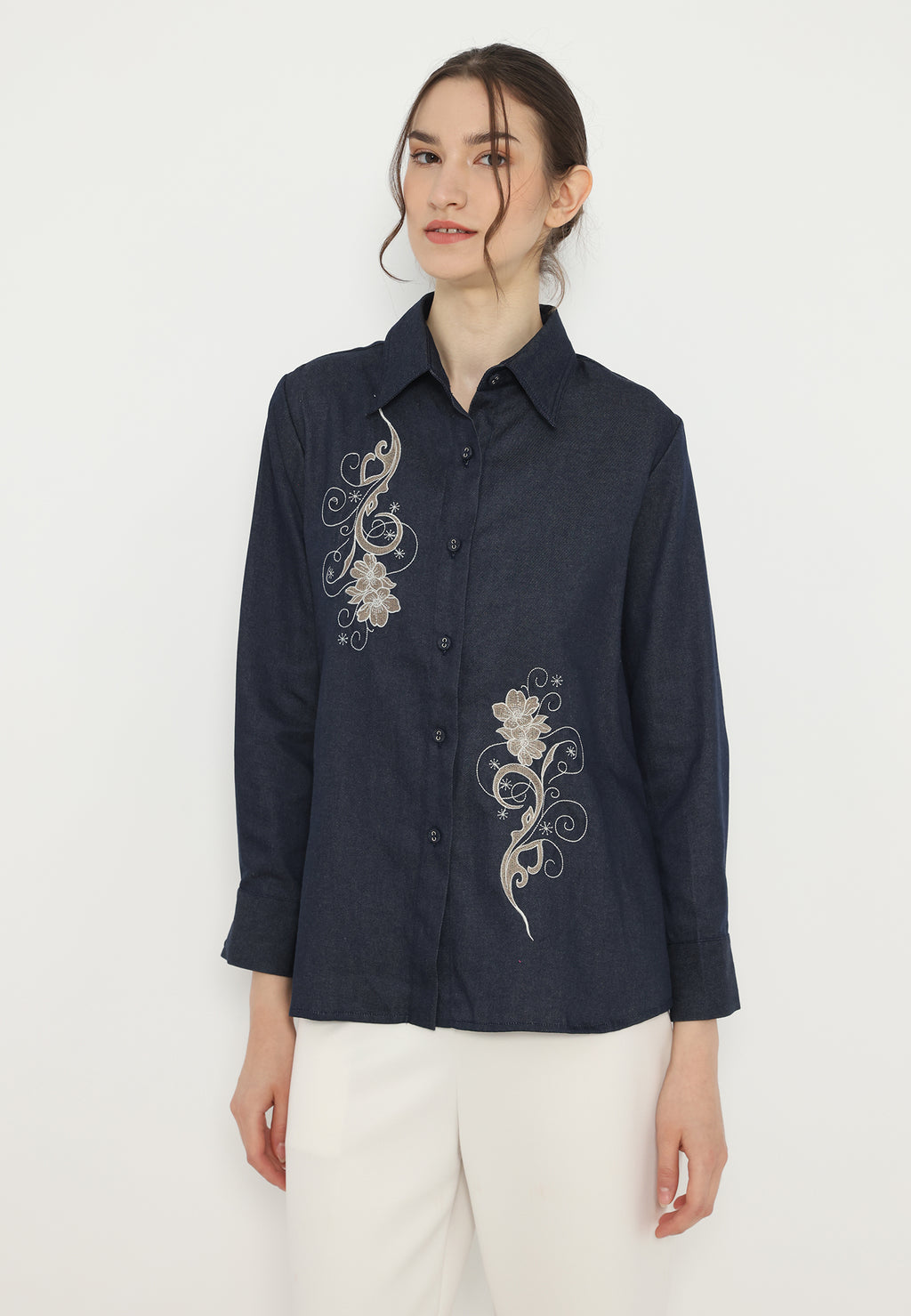 Moana Denim Shirt with Floral Embroidery | Brilliant Girl