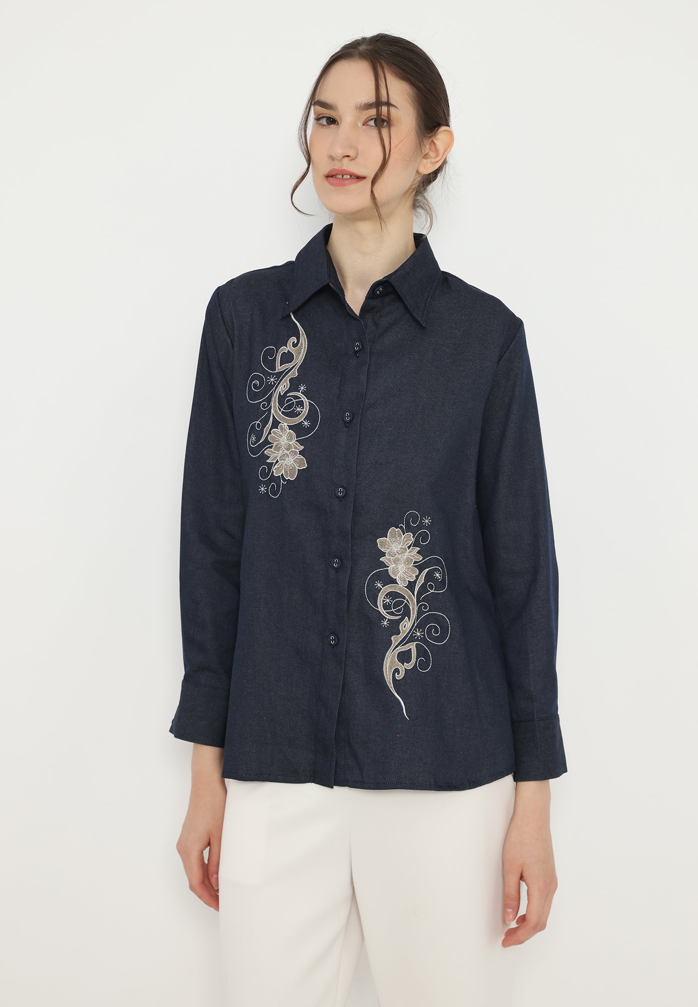 Moana Denim Shirt with Floral Embroidery | Brilliant Girl