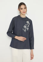 Avril Denim Blouse With Embroidery In Denim | Navy