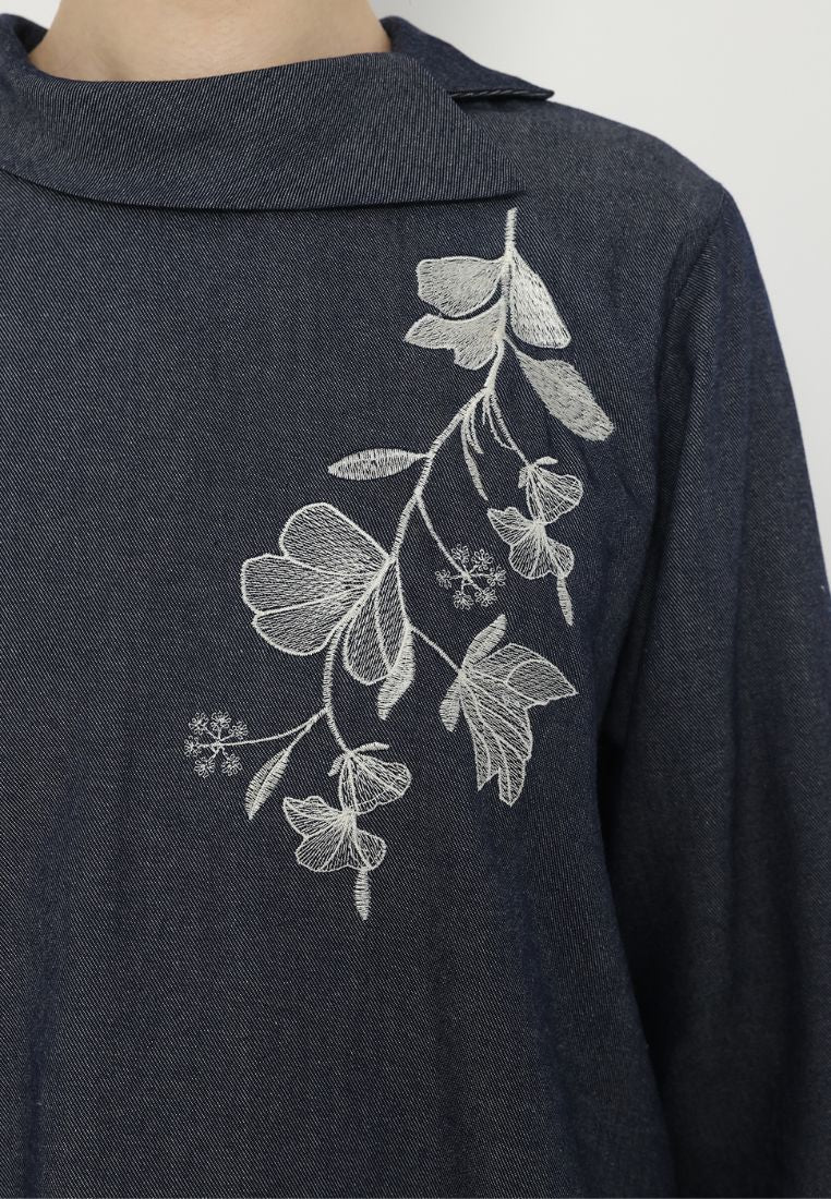Avril Denim Blouse With Embroidery In Denim | Navy