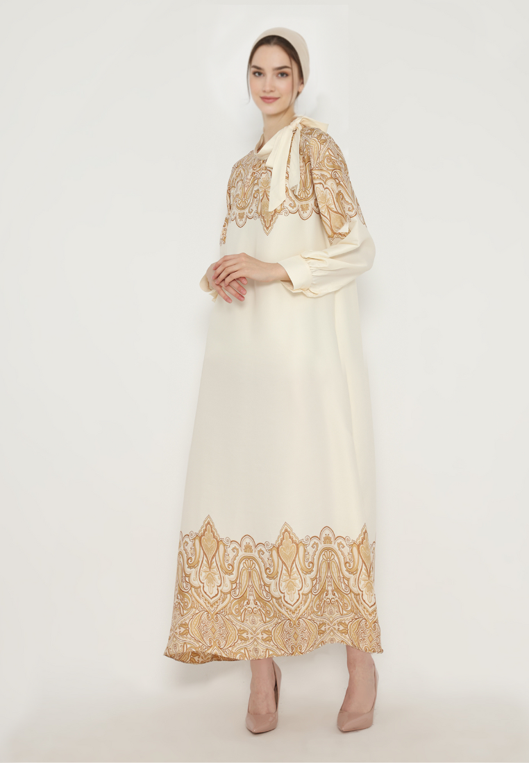 Sofie Muslim Long Dress With Pasley Motif With Tape Detail | Cream