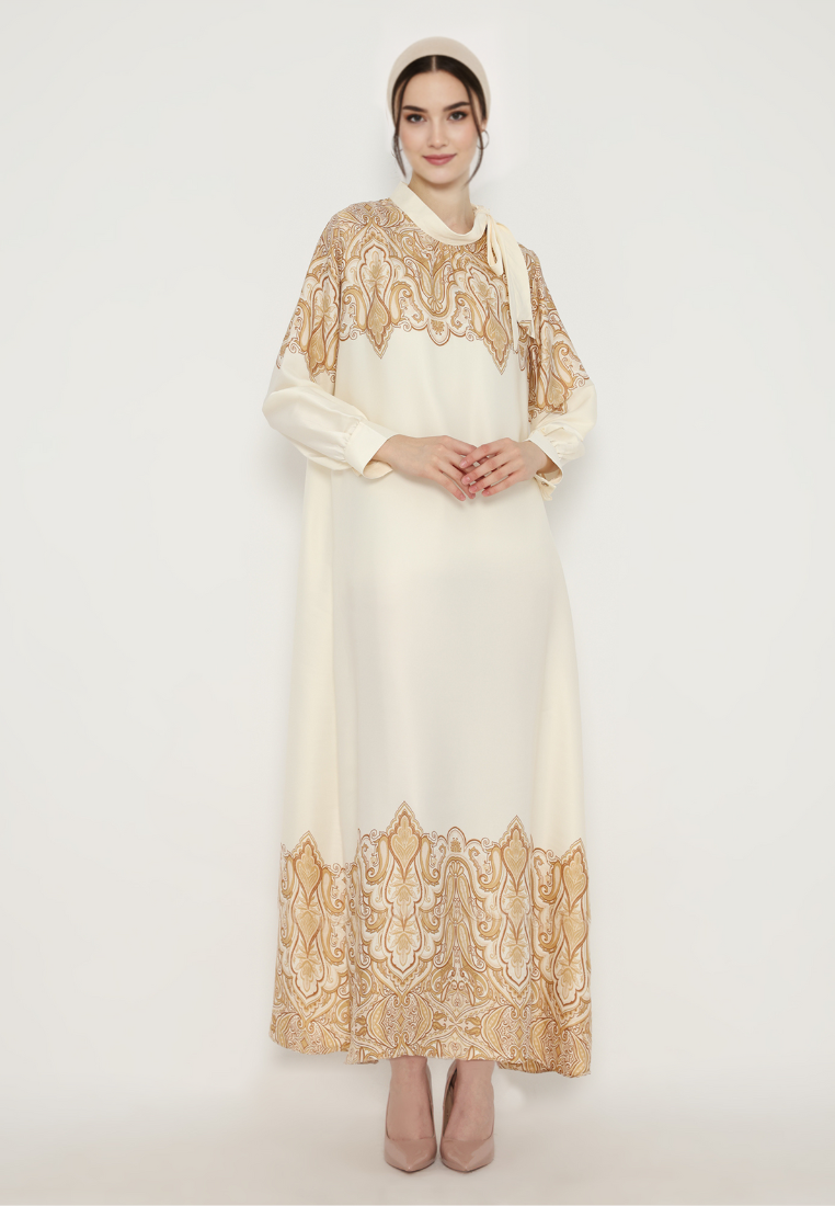 Sofie Muslim Long Dress With Pasley Motif With Tape Detail | Cream