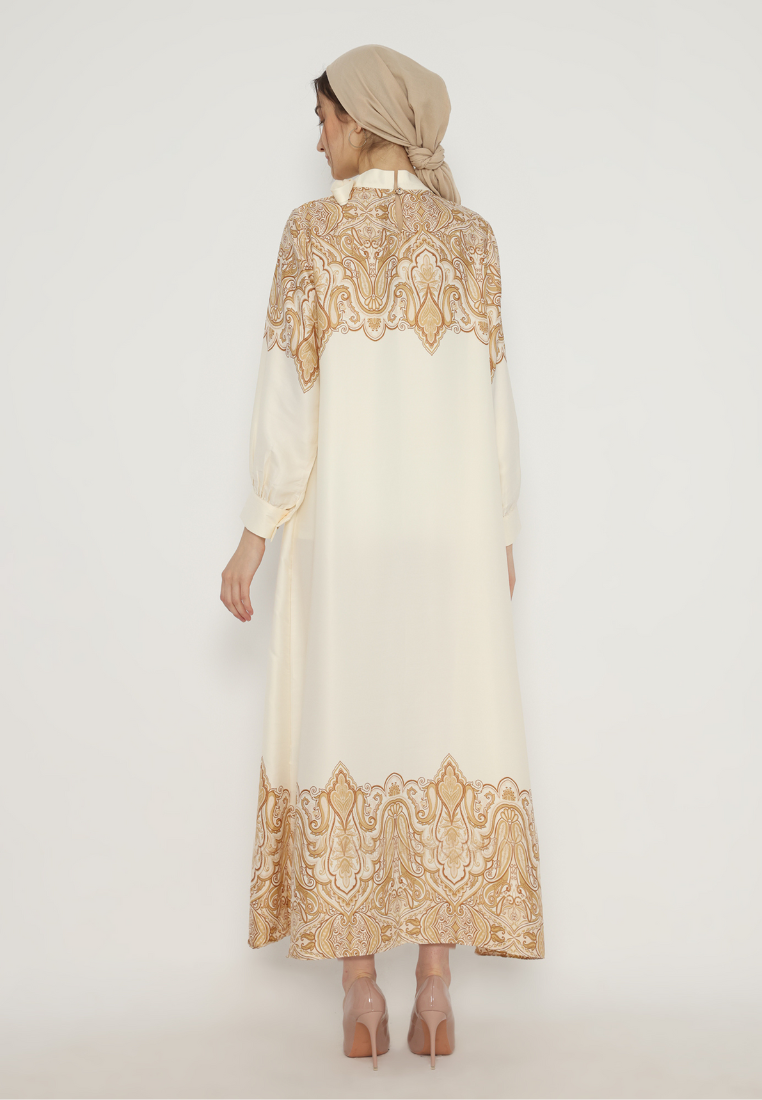 Sofie Muslim Long Dress With Pasley Motif With Tape Detail | Cream