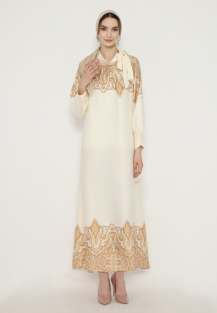 Sofie Muslim Long Dress With Pasley Motif With Tape Detail | Cream