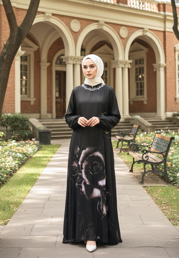 Iselle Muslim Long Dress Floral Motif With Pearl Detail | Black