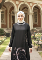 Iselle Muslim Long Dress Floral Motif With Pearl Detail | Black