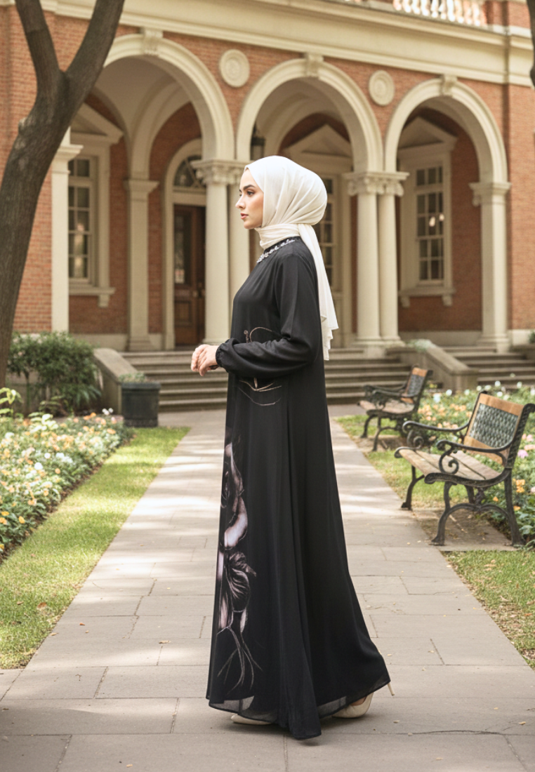 Iselle Muslim Long Dress Floral Motif With Pearl Detail | Black