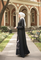 Iselle Muslim Long Dress Floral Motif With Pearl Detail | Black