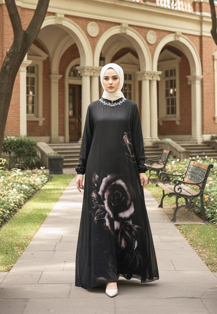 Iselle Muslim Long Dress Floral Motif With Pearl Detail | Black