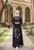 Iselle Muslim Long Dress Floral Motif With Pearl Detail | Black