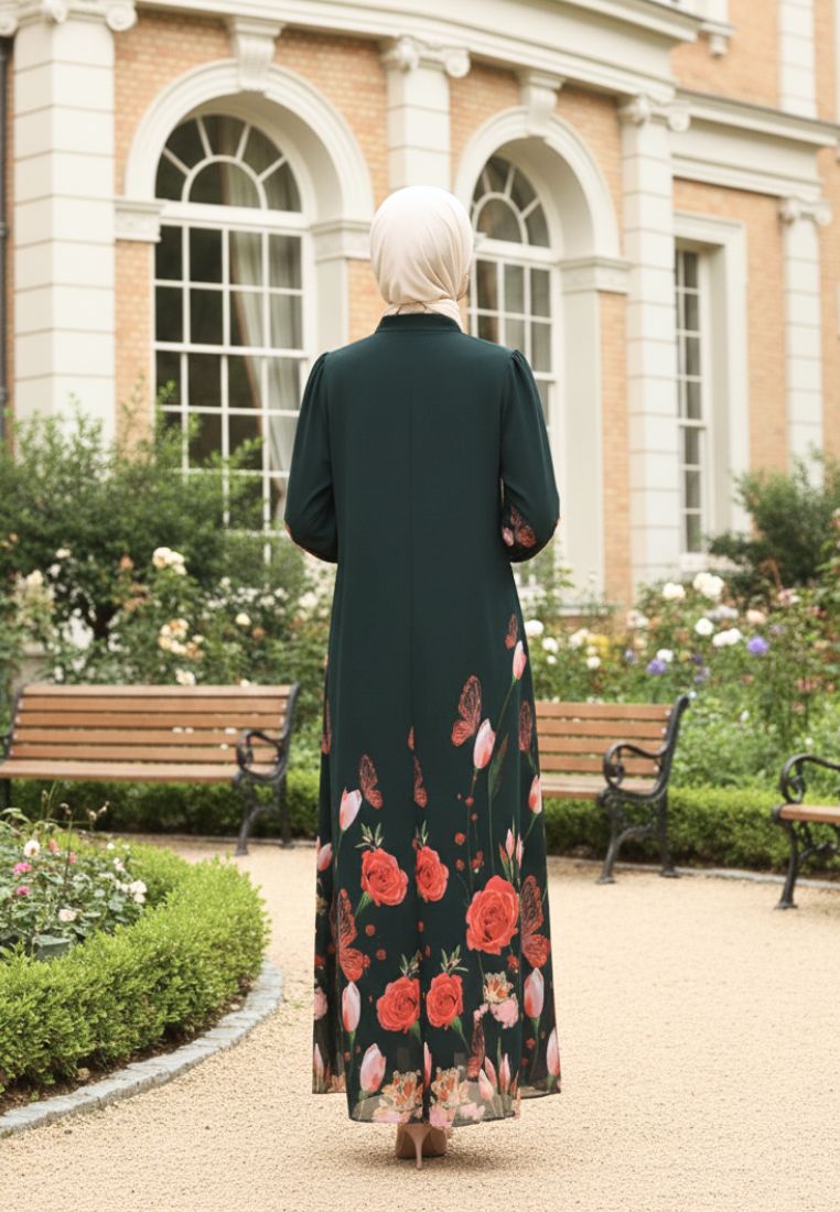 Elenora Muslim Long Dress Printed Chiffon | Green