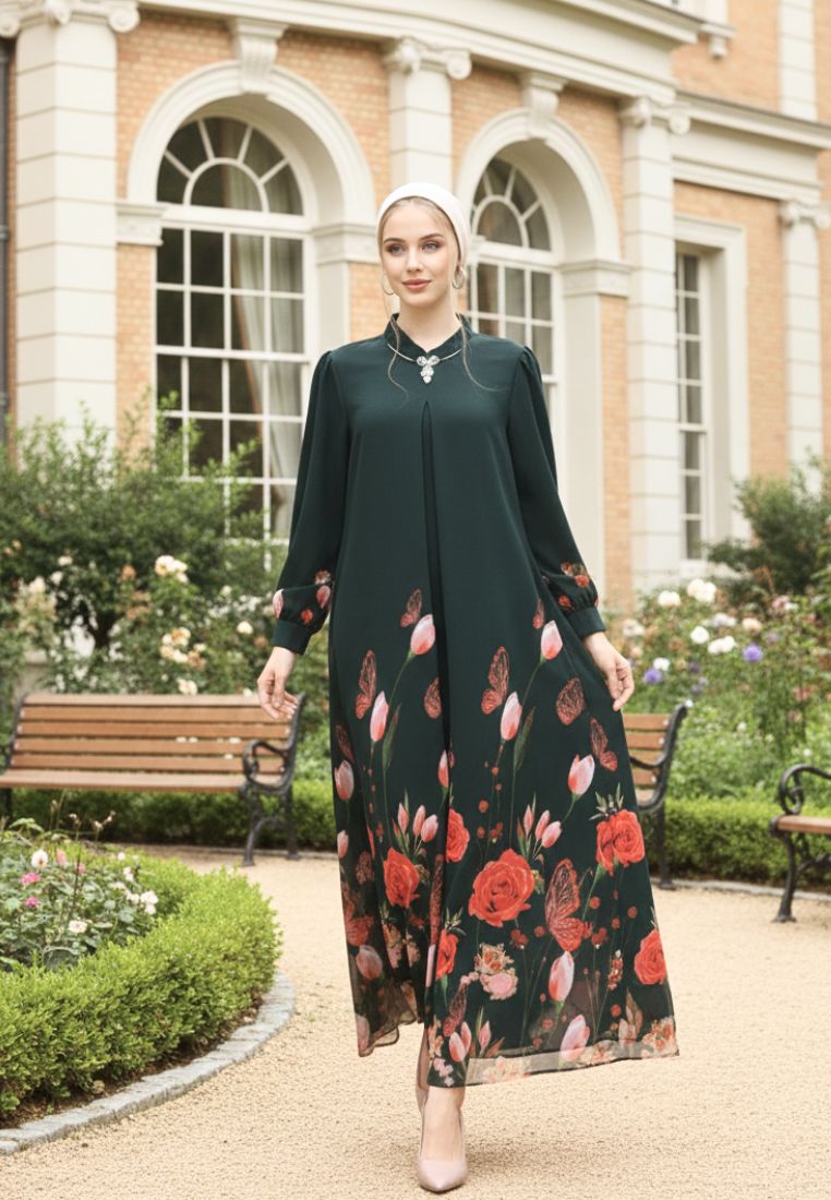 Elenora Muslim Long Dress Printed Chiffon | Green
