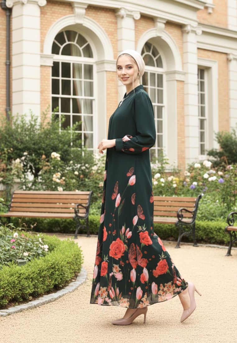 Elenora Muslim Long Dress Printed Chiffon | Green