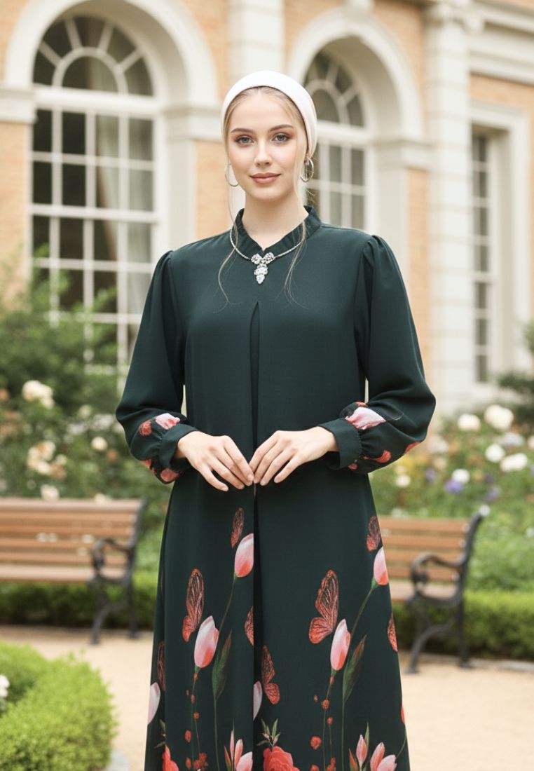 Elenora Muslim Long Dress Printed Chiffon | Green