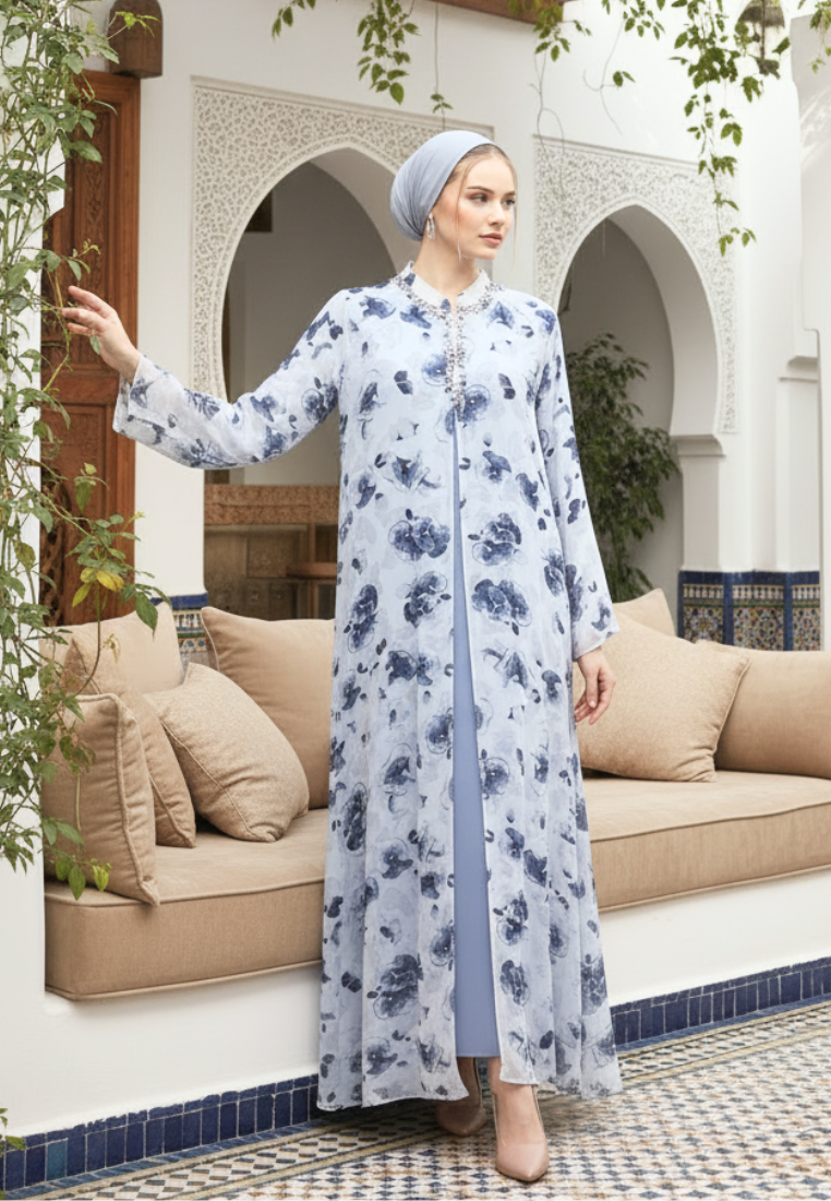Rosabelle Muslim Long Dress Floral Motif | Grey