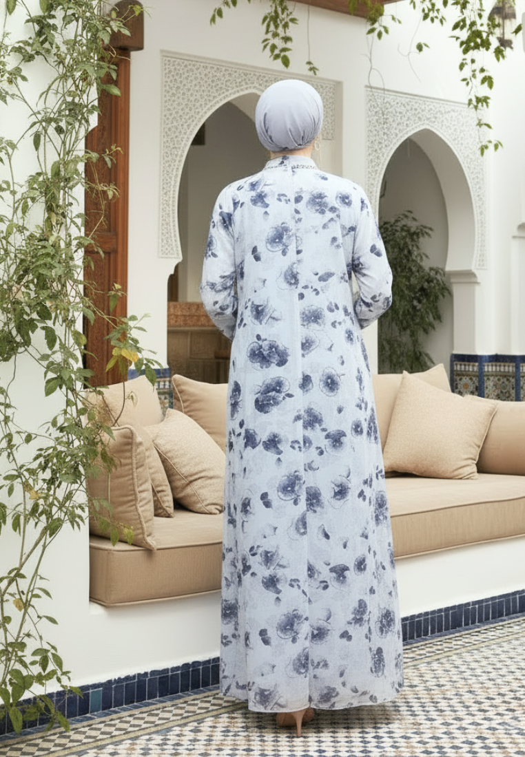 Rosabelle Muslim Long Dress Floral Motif | Grey