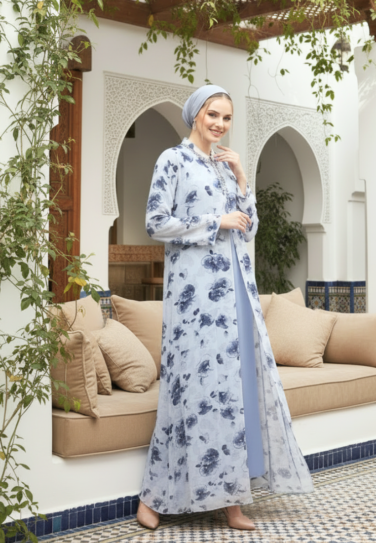 Rosabelle Muslim Long Dress Floral Motif | Grey