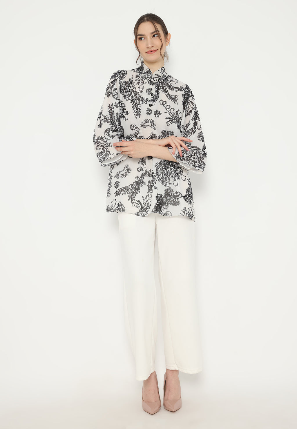 Elvara Tops Sanghai With leaf Print | White