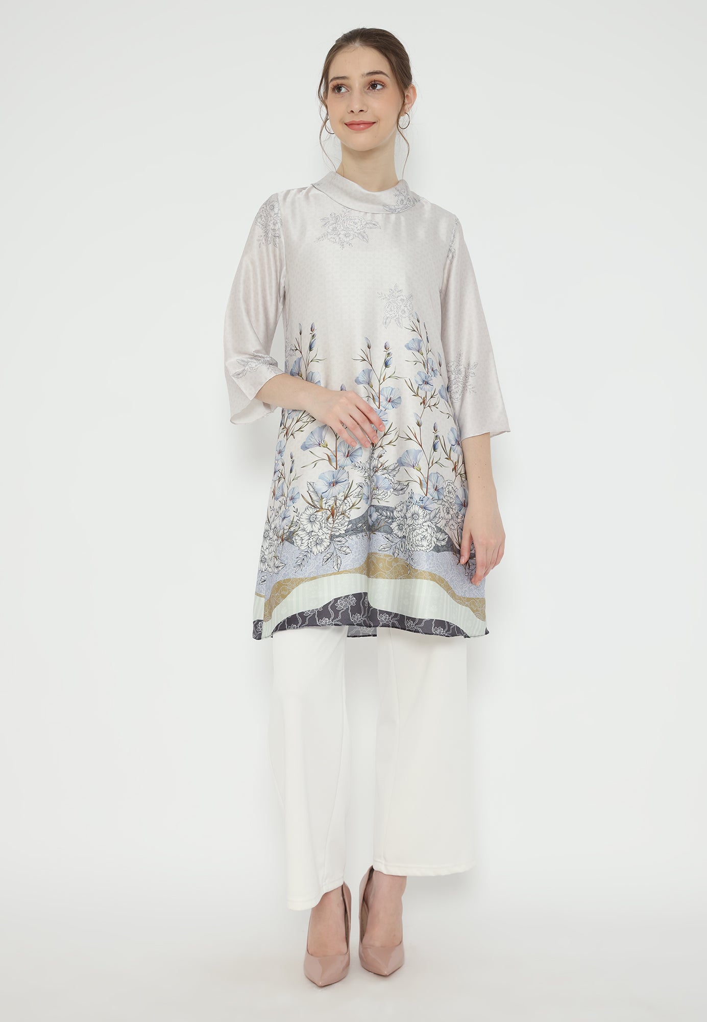 Velora Tunic With Draffery Neck | Grey