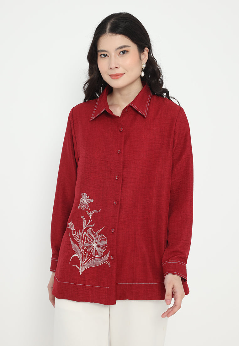 Sonia Tops Soft Denim With Embroidery | Maroon