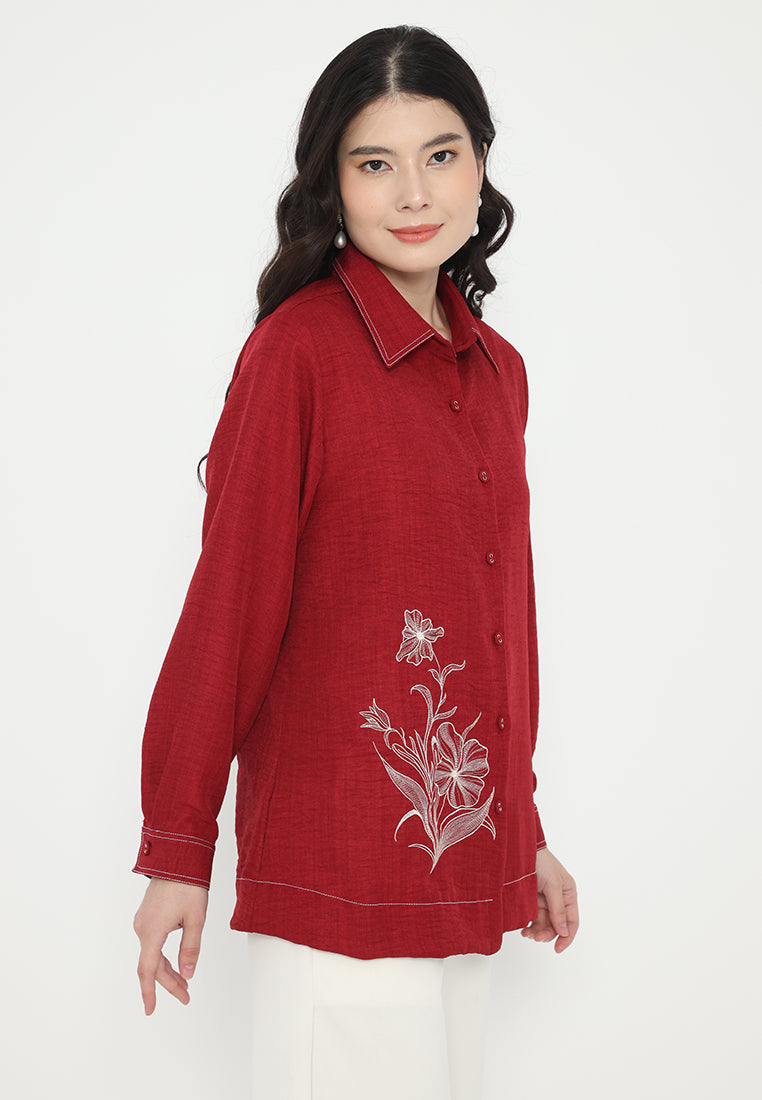 Sonia Tops Soft Denim With Embroidery | Maroon