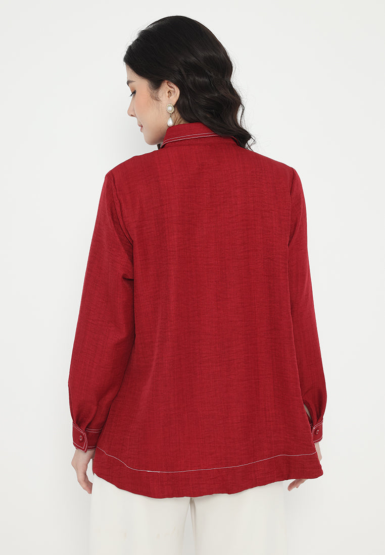 Sonia Tops Soft Denim With Embroidery | Maroon