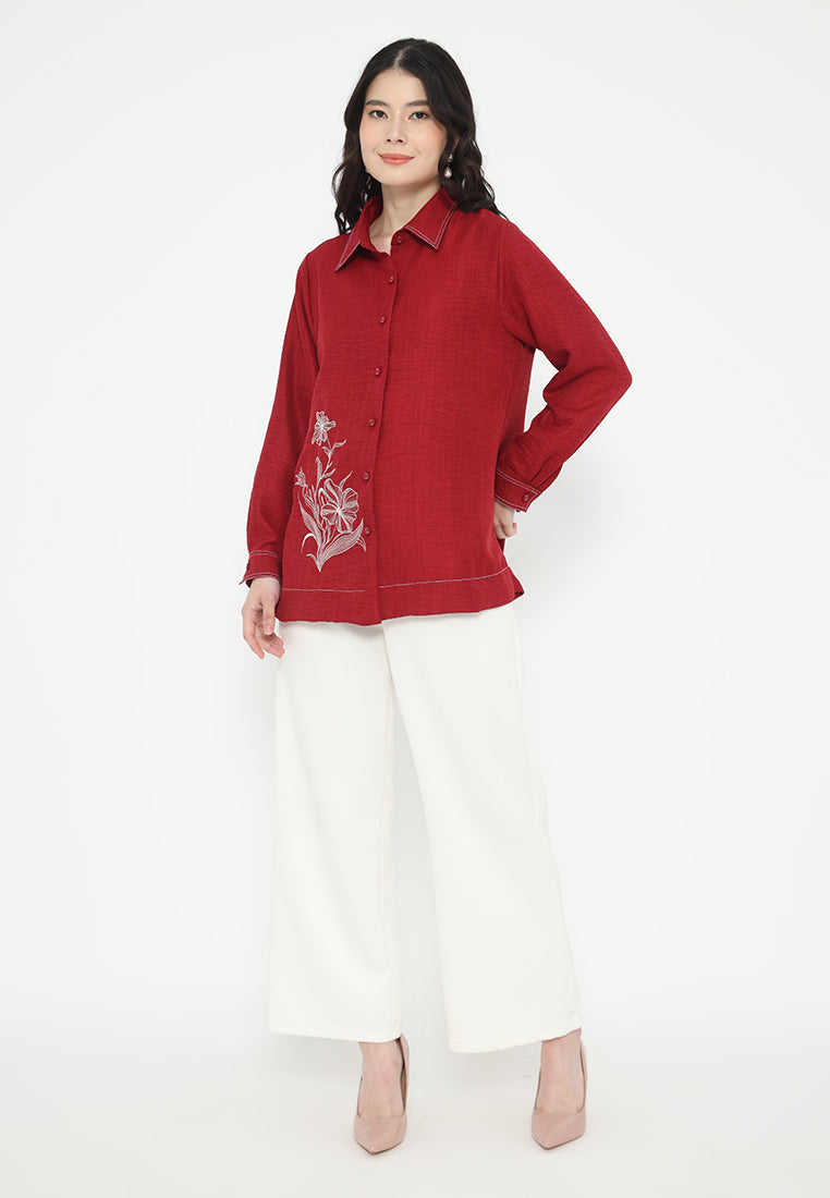 Sonia Tops Soft Denim With Embroidery | Maroon