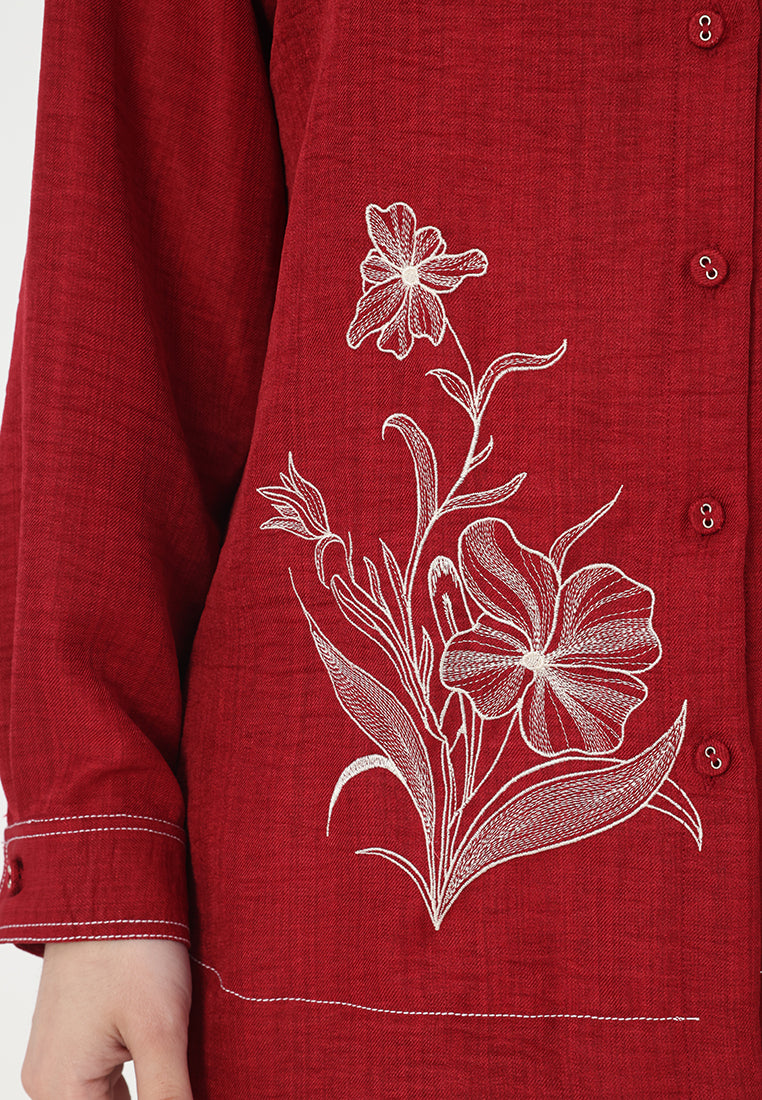 Sonia Tops Soft Denim With Embroidery | Maroon