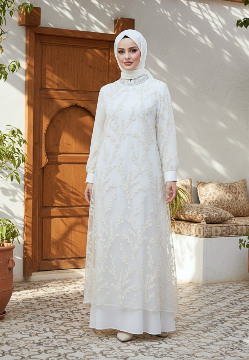 Chanel Embroidery Lace Muslim Long Dress | White