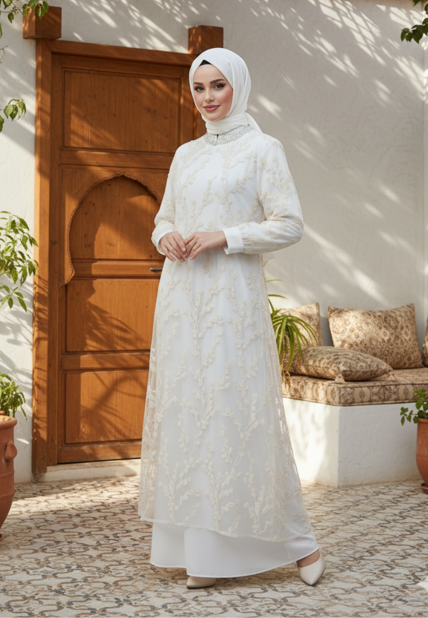 Chanel Embroidery Lace Muslim Long Dress | White