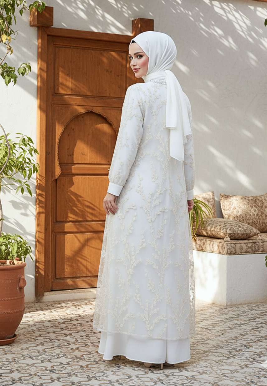 Chanel Embroidery Lace Muslim Long Dress | White