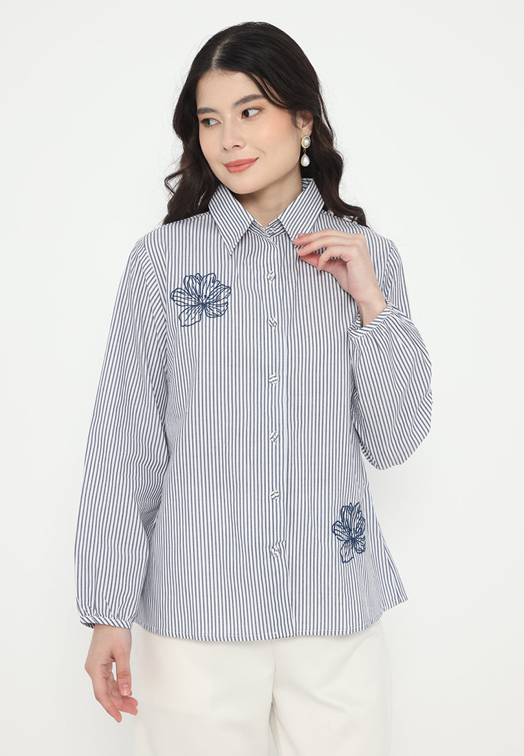 Zahra Stripe Tops With Embroidery | Navy
