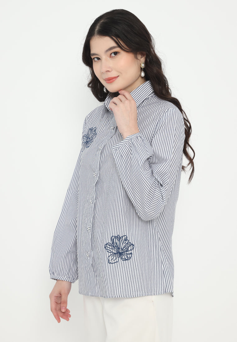 Zahra Stripe Tops With Embroidery | Navy