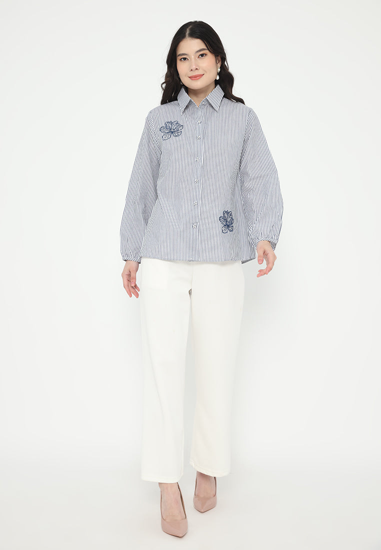 Zahra Stripe Tops With Embroidery | Navy