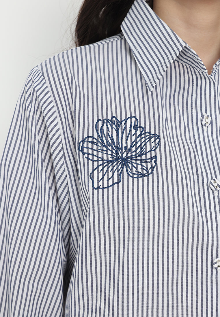 Zahra Stripe Tops With Embroidery | Navy