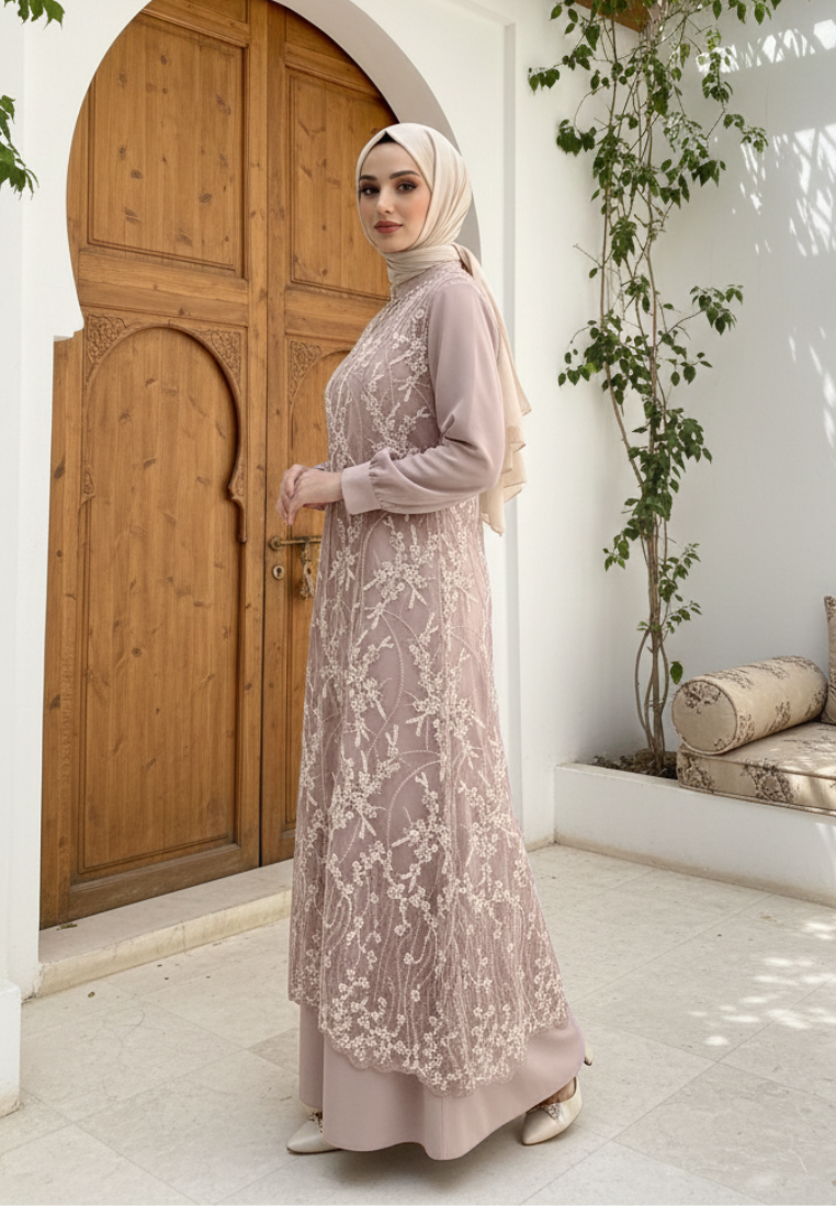 Almeera Muslim Long Dress With Lace Embroidery Floral Premium | Pink