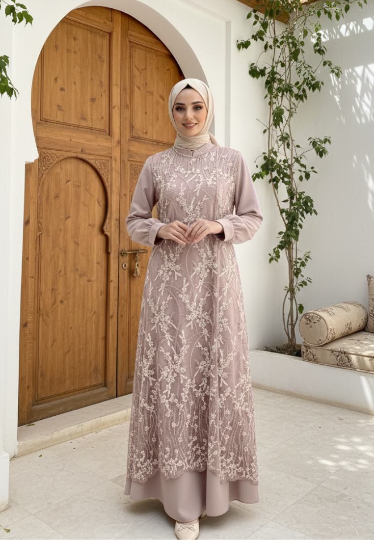 Almeera Muslim Long Dress With Lace Embroidery Floral Premium | Pink
