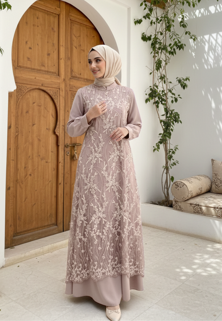 Almeera Muslim Long Dress With Lace Embroidery Floral Premium | Pink