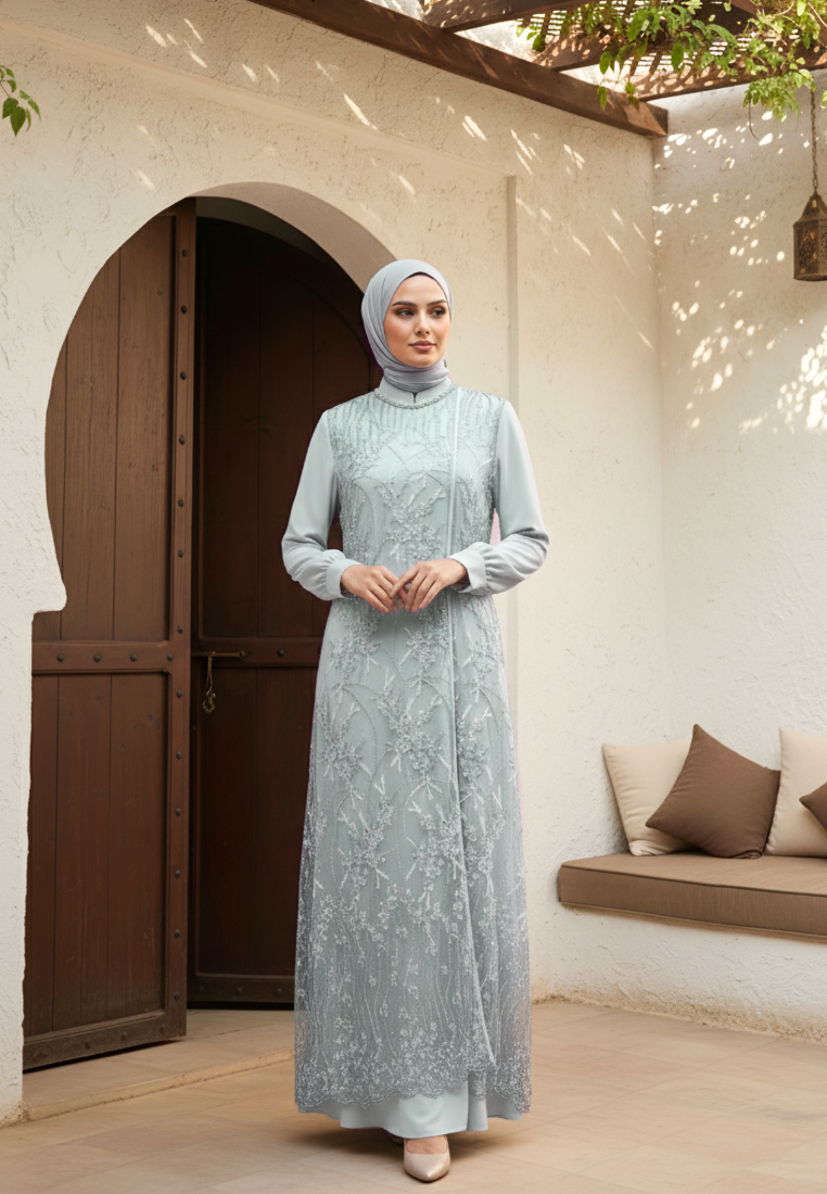 Almeera Muslim Long Dress With Lace Embroidery Floral Premium | Green