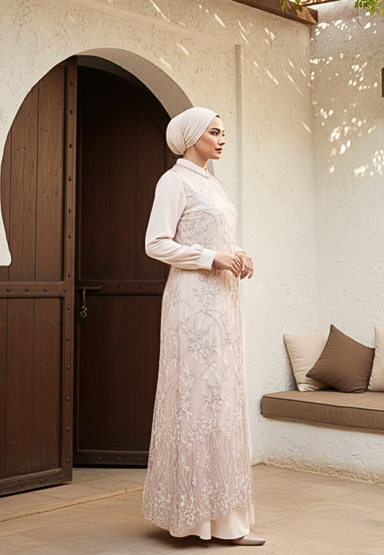 Almeera Muslim Long Dress With Lace Embroidery Floral Premium | Cream