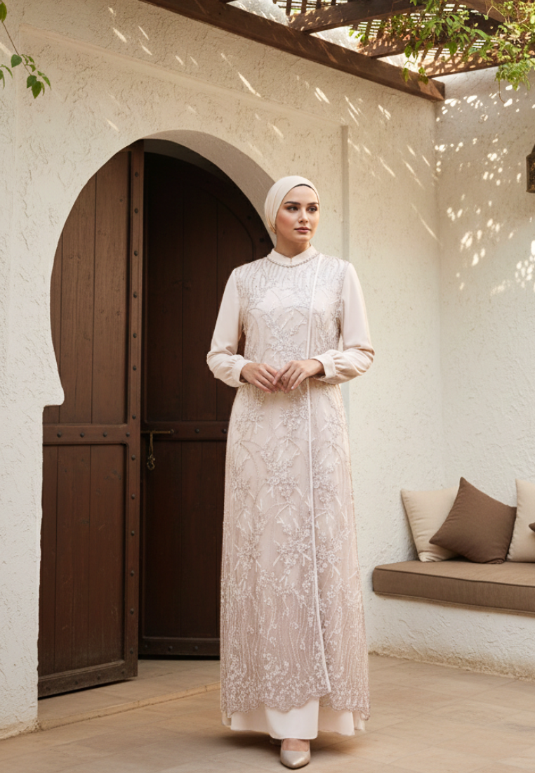 Almeera Muslim Long Dress With Lace Embroidery Floral Premium | Cream