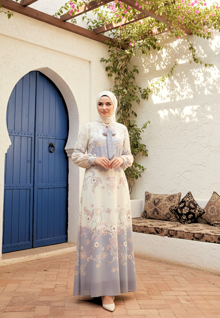 Persian Muslim Long Dress Pasley Motif In two Tone | Cream